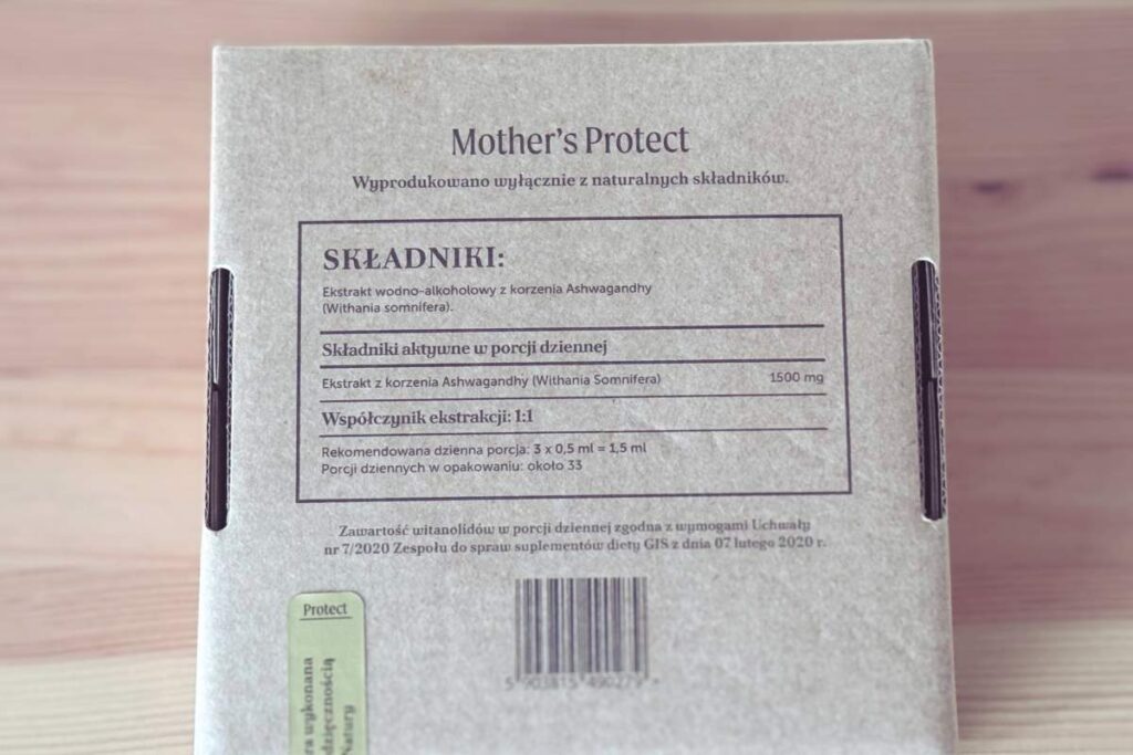 Kartonowe opakowanie ashwagandhy Mother's Protect z wyróżnionym składem
