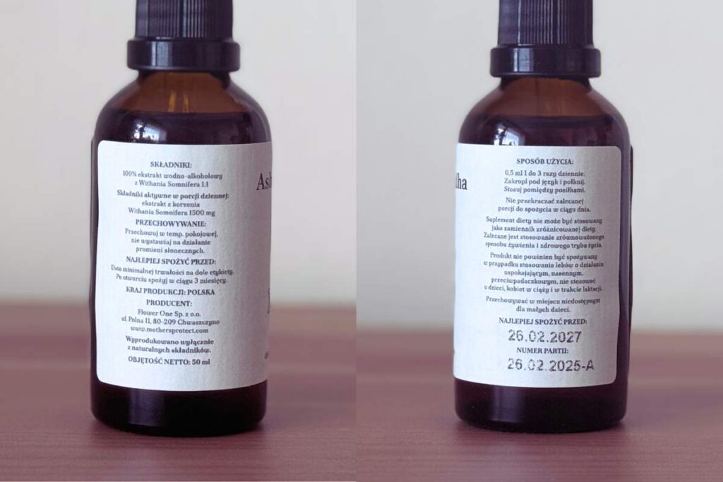 Buteleczka ashwagandhy Mother's Protect z widoczną etykietą