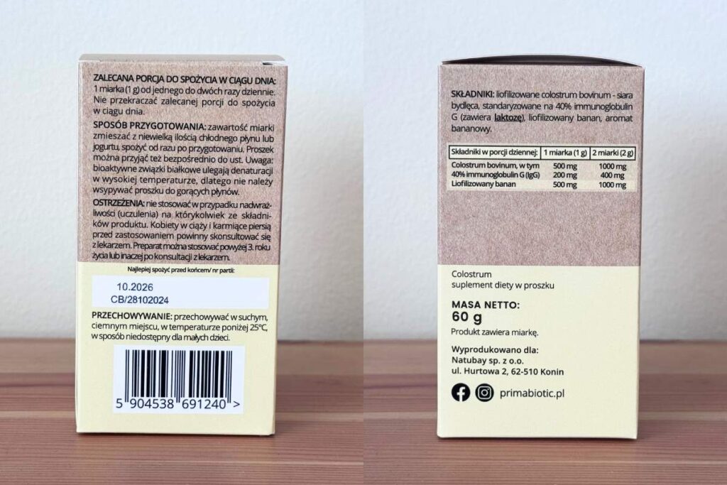 Etykieta na opakowaniu Primabiotic Colostrum