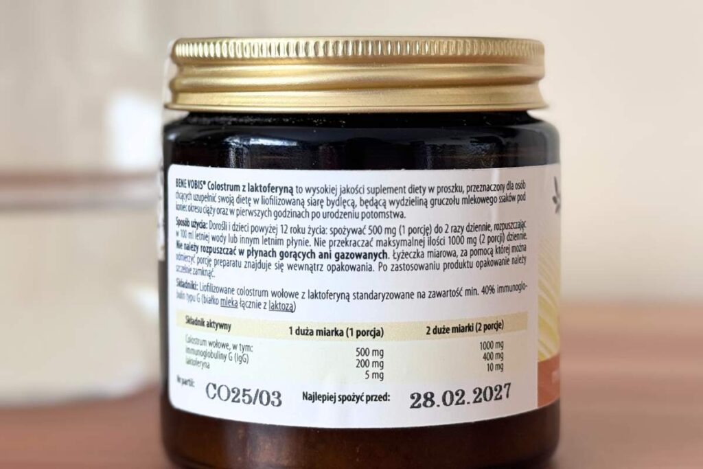 Etykieta ze składem colostrum Bene Vobis z laktoferyną