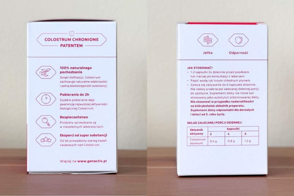 Skład i informacje o colostrum Genactiv na opakowaniu produktu