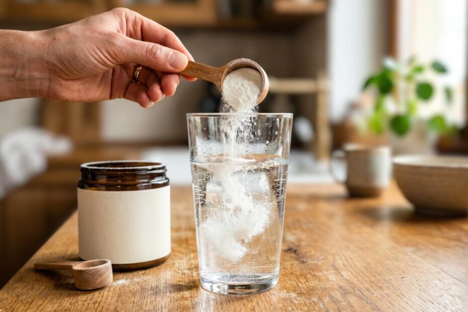 Fotorealistyczna grafika przedstawia kolagen w proszku podczas rozpuszczania w szklance wody