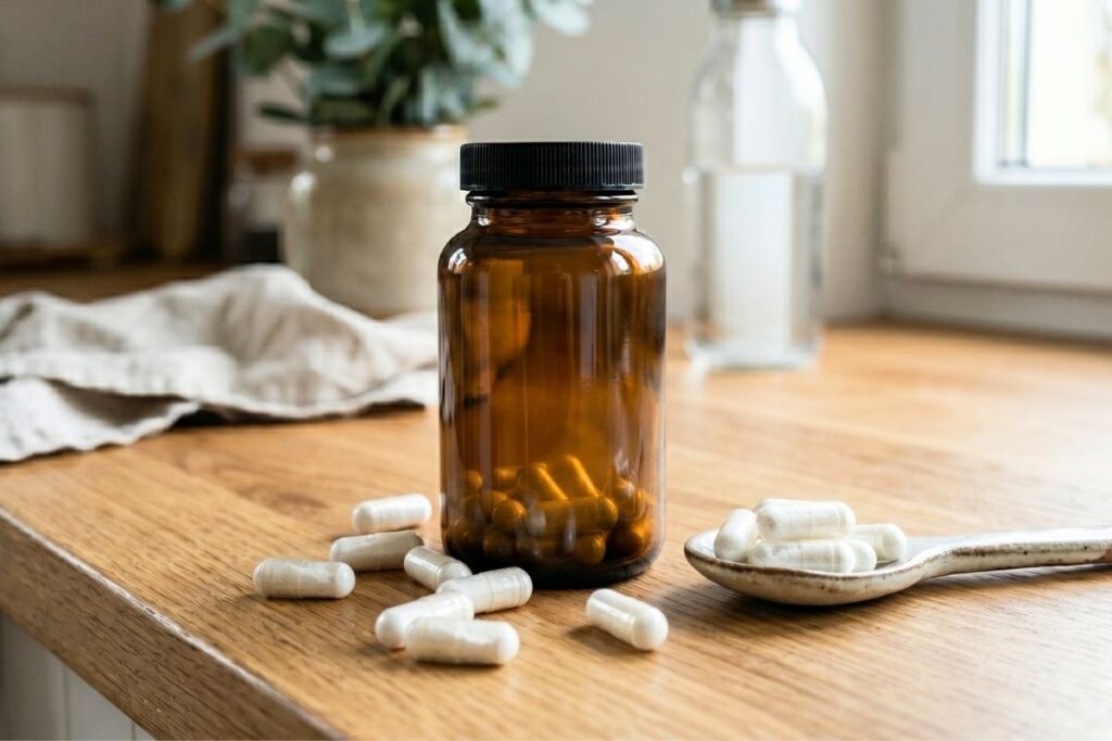 Fotorealistyczna grafika przedstawia kolagen natywny typu 2 w kapsułkach