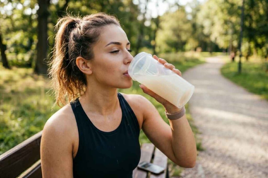 Fotorealistyczna grafika przedstawia kobietę w sportowym stroju, która pije kolagen na ławce w parku