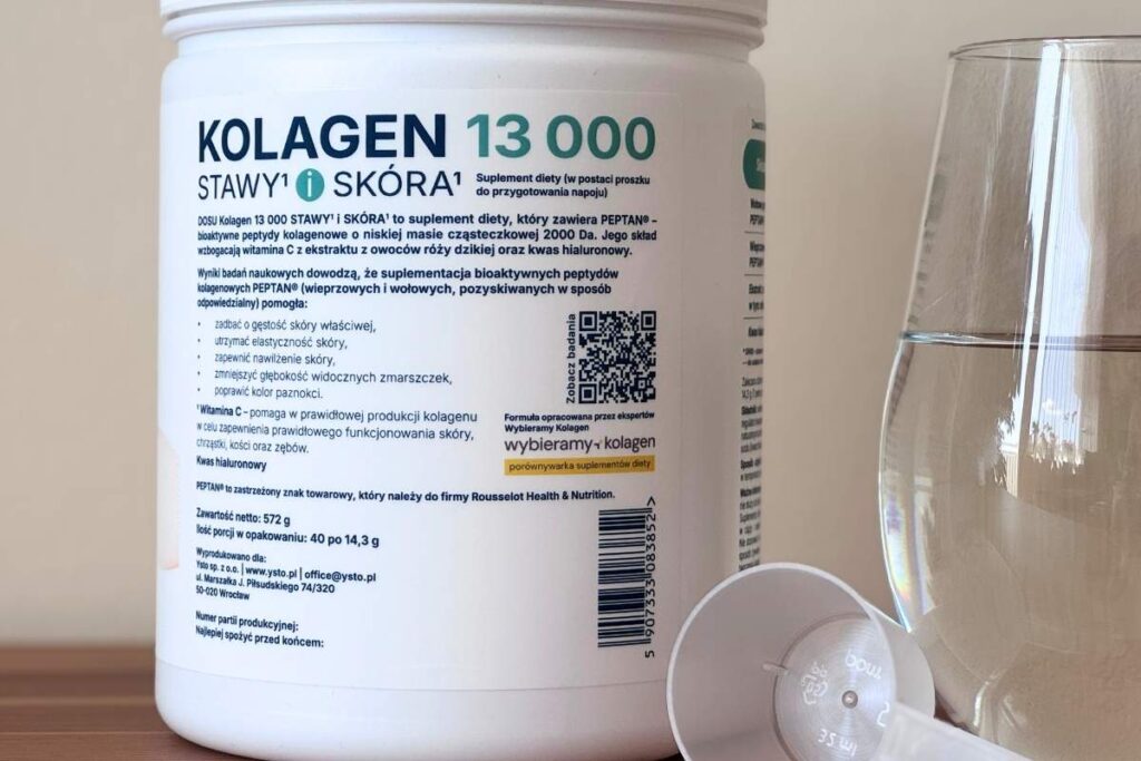 Zdjęcie przedstawia etykietę suplementu diety DOSU Kolagen 13000 Stawy i Skóra